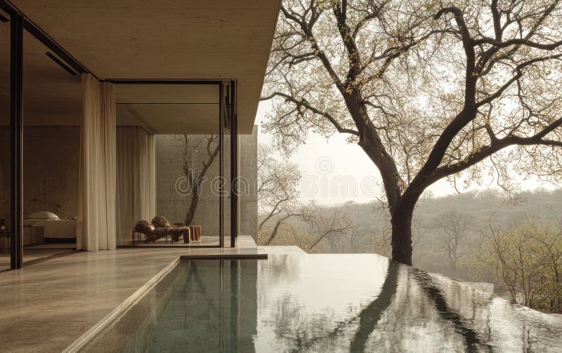 Modern Minimalist Concrete House Infinity Pool vector illustration