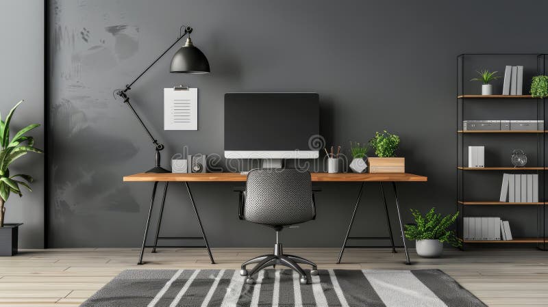Modern and Minimalist Home Office with Elegant Wooden Desk Stock Photo
