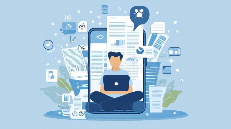Man working remotely on a laptop with multiple documents and icons stock illustration