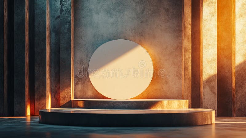 Modern minimalist interior with a circular display structure and warm lighting. Generative AI stock illustration