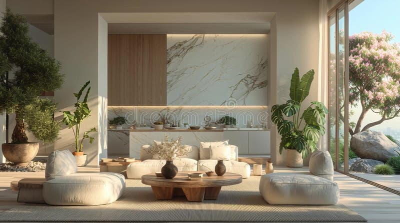 Modern Minimalist Interior with Natural Elements and Open Space Design vector illustration