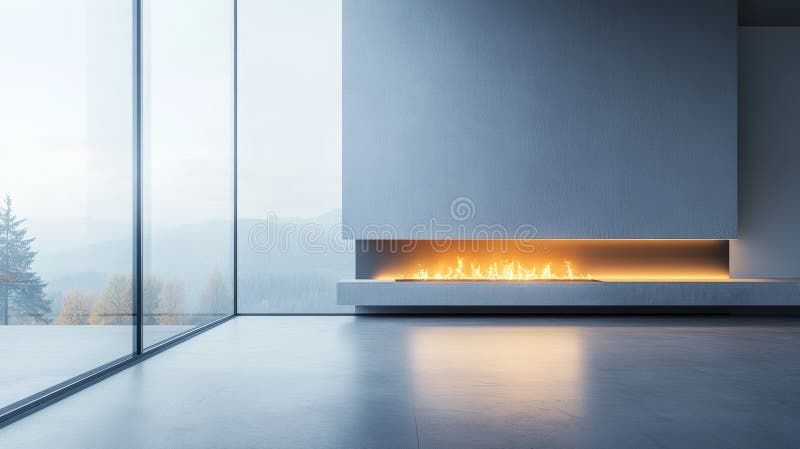 Modern minimalist interior with a sleek fireplace. stock image