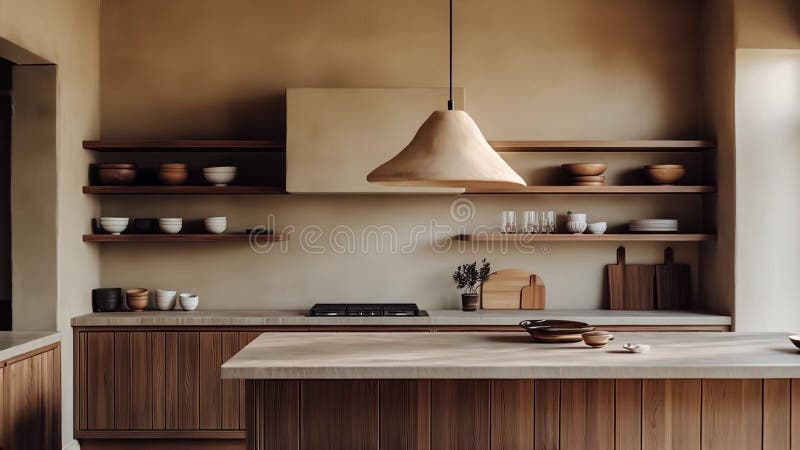 Modern minimalist kitchen interior with open shelving and neutral tones. The design features wooden elements and simple decor for stock illustration