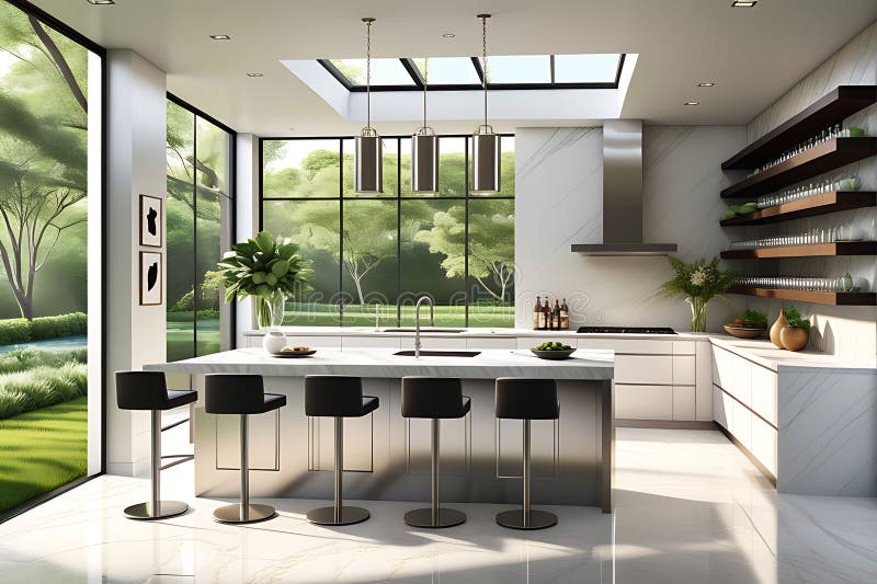 A Modern Minimalist Kitchen with Large Windows Overlooking a Lush Green ...