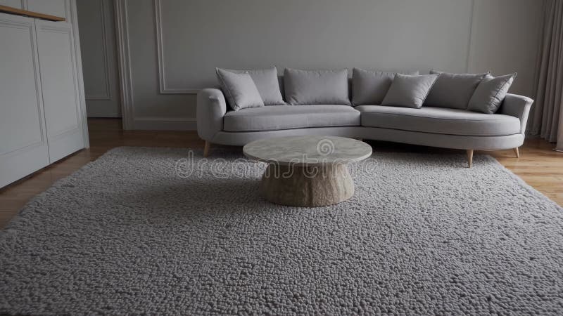 Modern minimalist living room with gray sofa and carpet stock illustration