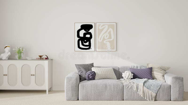 Modern minimalist living room with neutral tones, featuring white and beige furniture, wooden accents royalty free stock images
