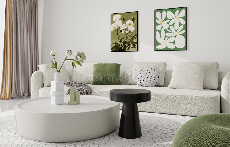 Modern minimalist living room with neutral tones, featuring white and beige furniture, wooden accents royalty free stock photo