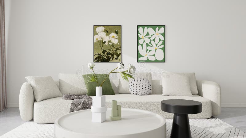 Modern minimalist living room with neutral tones, featuring white and beige furniture, wooden accents stock images