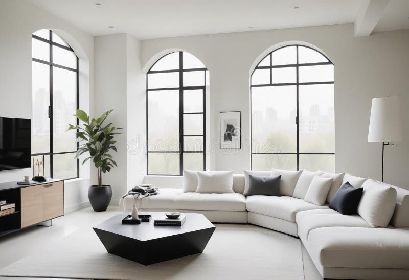 A modern, minimalist living room with a sleek vector illustration