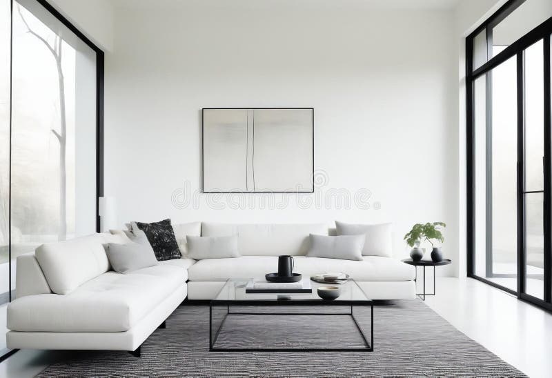 A modern, minimalist living room with a sleek royalty free illustration