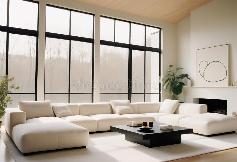 A modern, minimalist living room with a sleek royalty free illustration