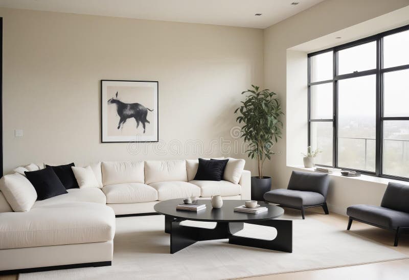 A modern, minimalist living room with a sleek royalty free illustration