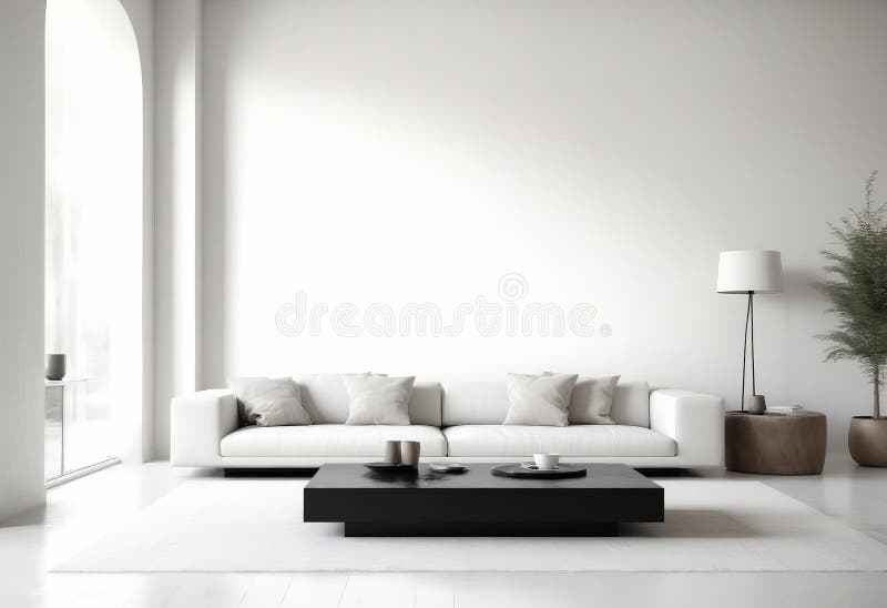 A modern, minimalist living room with a sleek stock illustration