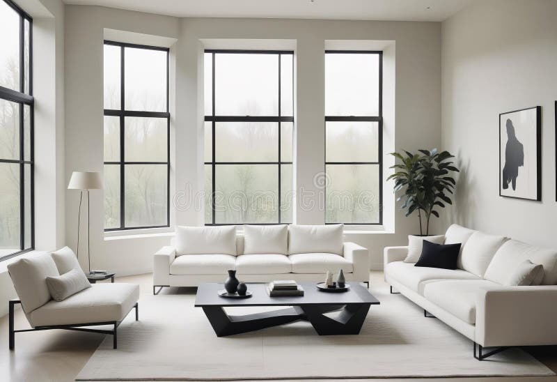 A modern, minimalist living room with a sleek stock illustration