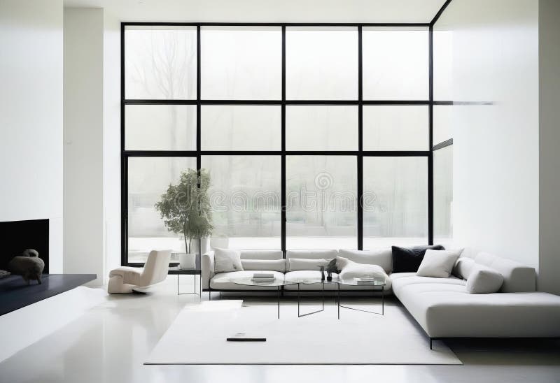 A modern, minimalist living room with a sleek royalty free illustration