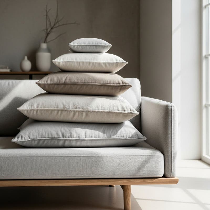 Modern, minimalist living space features a stack of five cushions in royalty free illustration