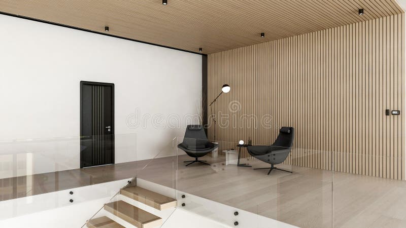 Modern Minimalist Lounge with Black Chairs and Empty Wooden Wall for Copy Space, 3D Rendering stock illustration