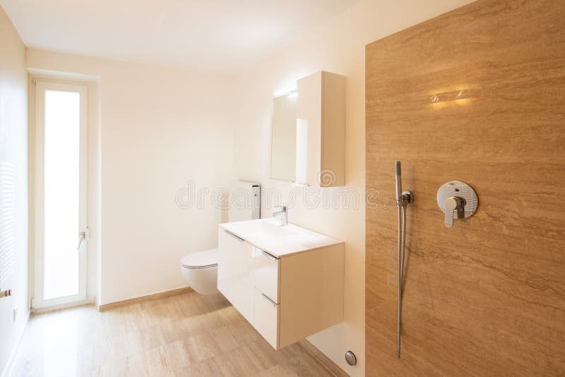 Modern minimalist marble bathroom, elegant royalty free stock photo