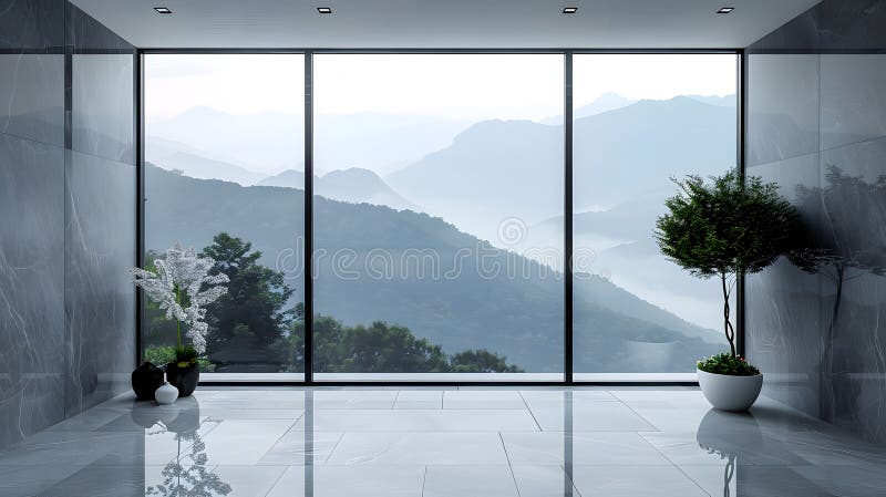 Modern Minimalist Room with Panoramic Mountain Views stock photos