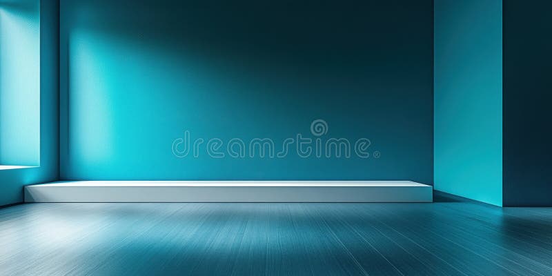 Modern Minimalist Teal Room Interior Design White Platform 3d blue wall calm space empty clean floor vector illustration