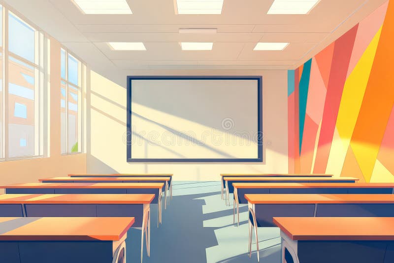 Modern Minimalist University Classroom. Den här illustrationen har ett elegant och modernt universitetsklassrum som utformats för att främja inlärning. Med vibrerande väggkonst och en stor projektionsskärm skapar den en ljus och inbjudande miljö.