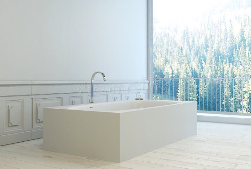 Modern minimalist white bathroom interior stock photo