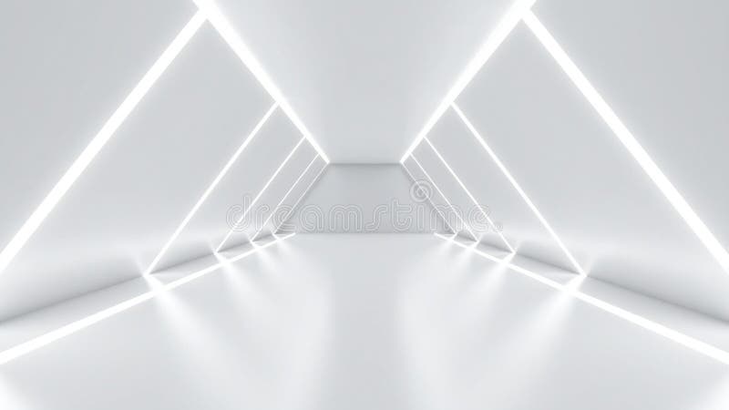 Modern minimalist white hallway with illuminated geometric lines and glossy floor stock illustration