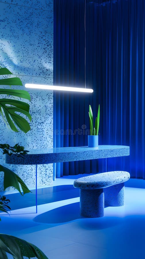 Modern Minimalist Workspace in Blue Tones with Plants and Lighting royalty free stock images