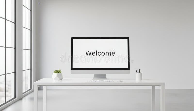 Modern minimalist workspace featuring a desktop computer displaying welcome message stock photo