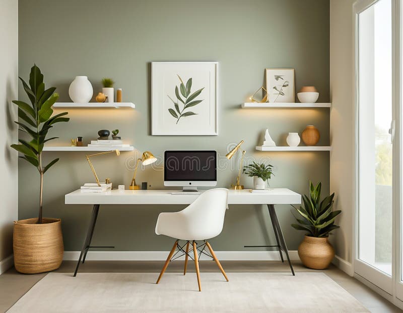 A modern minimalist home office setting, with a sleek white desk, a stylish ergonomic chair, and a shelf with tasteful decorations. The wall color is a soft, neutral tone, providing a clean and uncluttered zoom background for professional meetings. modern minimalist workspace interior with refreshing green walls. A white work desk equipped with a laptop and greenery creates a productive and inspiring atmosphere. Ergonomic work chairs and functional wall shelves complete the overall design. This image is perfect for interior design projects, property advertising, or as home decor inspiration. Generative Ai. chair, design, table, furniture, office, house, desk, indoor, window, modern, room, interior, home, decoration, architecture, apartment, comfortable, luxury, computer, floor, business, home office, decor, wall, wood, contemporary, living, work, light, technology, plant, horizontal, no people, home interior, lifestyle, wooden, domestic room, fashionable, photography, shelf, working, color image, empty, space, bright, clean, domestic life, nobody, place of work, style, book, cabinet, inside, kitchen, desktop, corporate, elegance, lamp, rendering, internet, dining, idea, bookshelf, small office, sparse, armchair, stylish, copy space, cozy, blank, workspace, open, occupation, study, laptop, job, simplicity, architect, climate, control, ceo, blowing, connection, creativity, counter, efficiency, director, futuristic, innocence, meeting, monitor, manager, offspring, organization, peaceful, place, reflection, real estate, retail, studying. Window color reflection background stock images, royalty-free photos and pictures