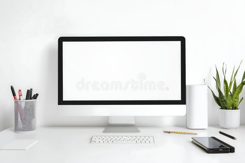 Modern Minimalist Workspace Setup: Clean and Organized Desk with iMac, Keyboard, and Accessories vector illustration