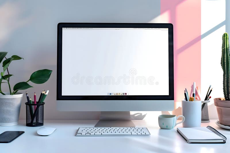 Modern Minimalist Workspace Setup: iMac, Keyboard, and Desk Accessories stock illustration