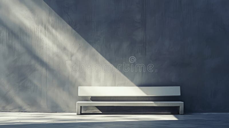 Modern minimalistic white bench under angled sunlight creating sharp shadows on a textured concrete wall. Interior