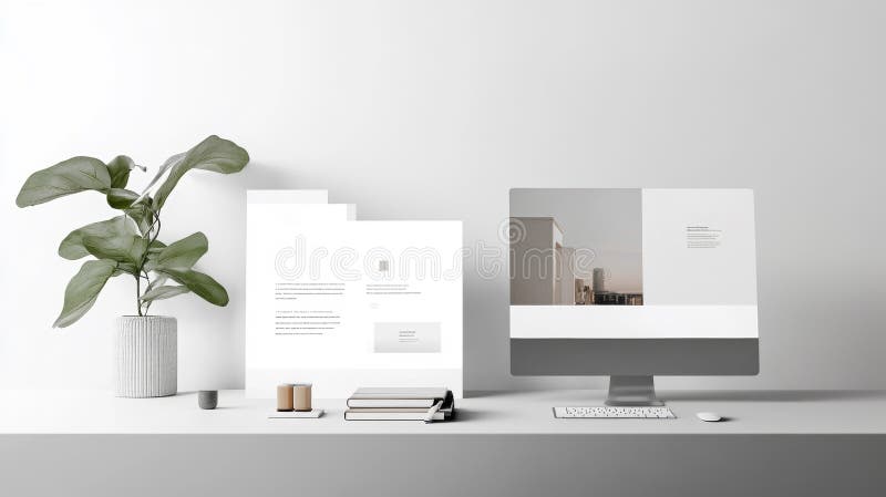 Modern minimalistisk arbetsyteinstallation med datorpapper och fabriker stock illustrationer