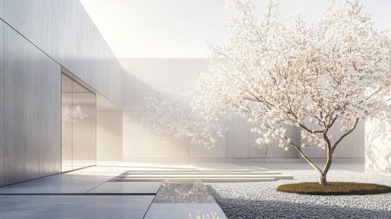Modern minimalistisk trädgård med vitt blomningsträd royaltyfri illustrationer