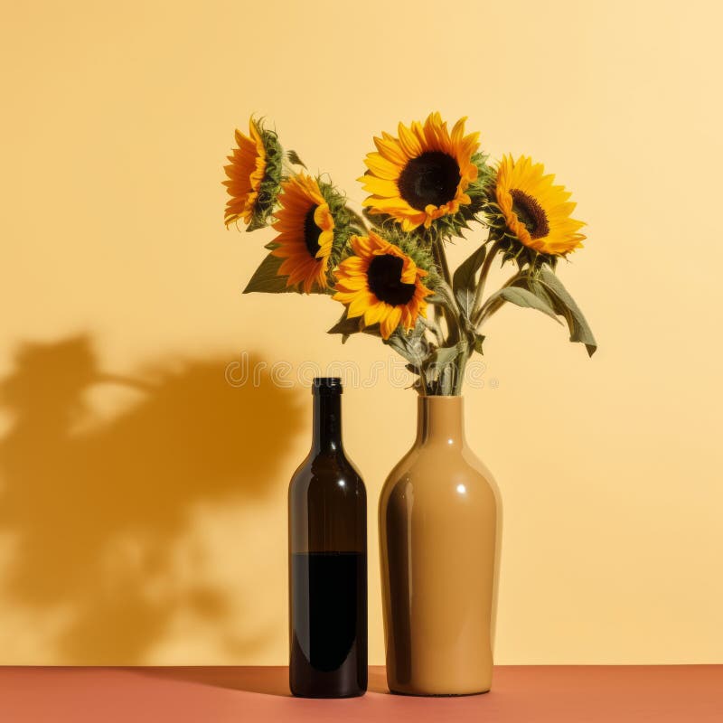 Modern minimialistisk vinflaska: blommor exotisk, levande bakgrund. ai genererad royaltyfri illustrationer