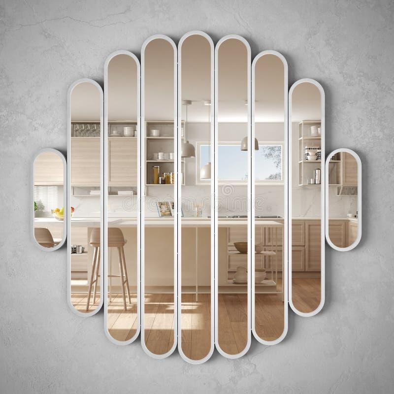 Modern mirror hanging on the wall reflecting interior design scene, bright white and wooden kitchen, minimalist white architecture stock illustration Modern mirror hanging on the wall reflecting interior design scene, bright white and wooden kitchen, minimalist white architecture stock illustration