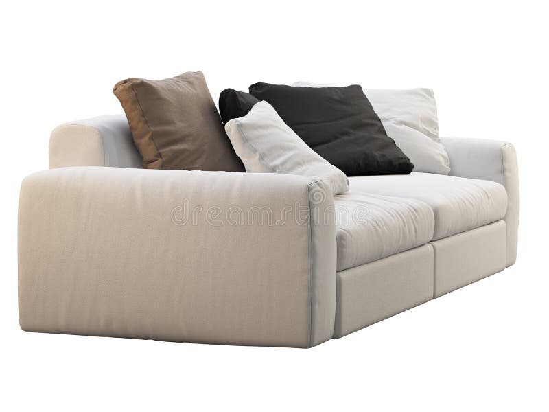 Modern Modular White Fabric Sofa with Colored Pillows. 3d Render Stock