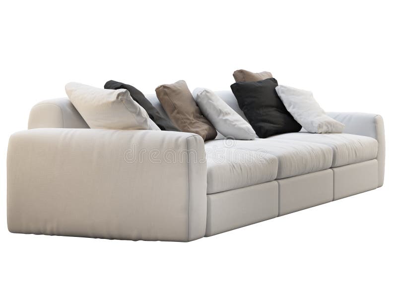 Modern Modular White Fabric Sofa with Colored Pillows. 3d Render Stock