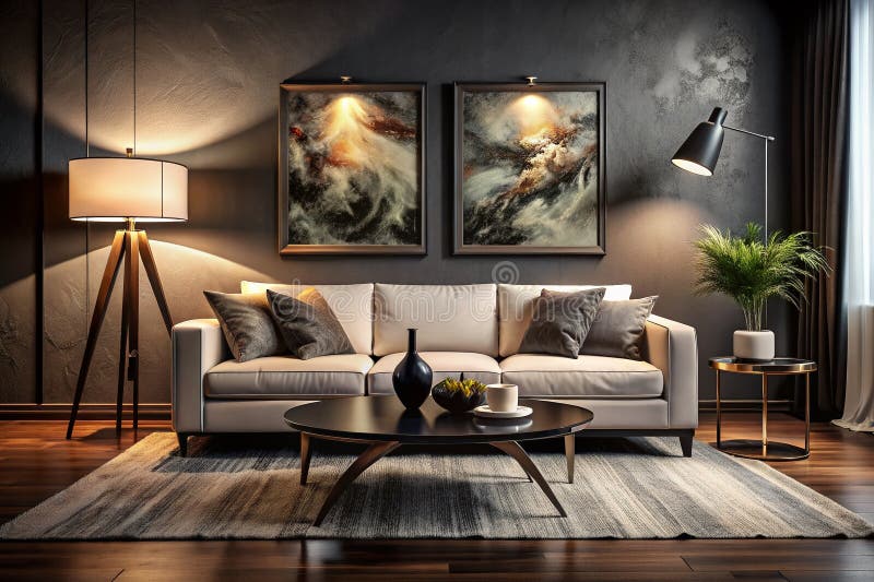 Modern monokrom design i vardagsrummet en elegant vit soffa med ett fet svart kaffebord som visar abstrakt surrealistisk stock illustrationer