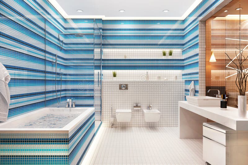 Blu un bianco mosaico bellissimo il bagno progetto.