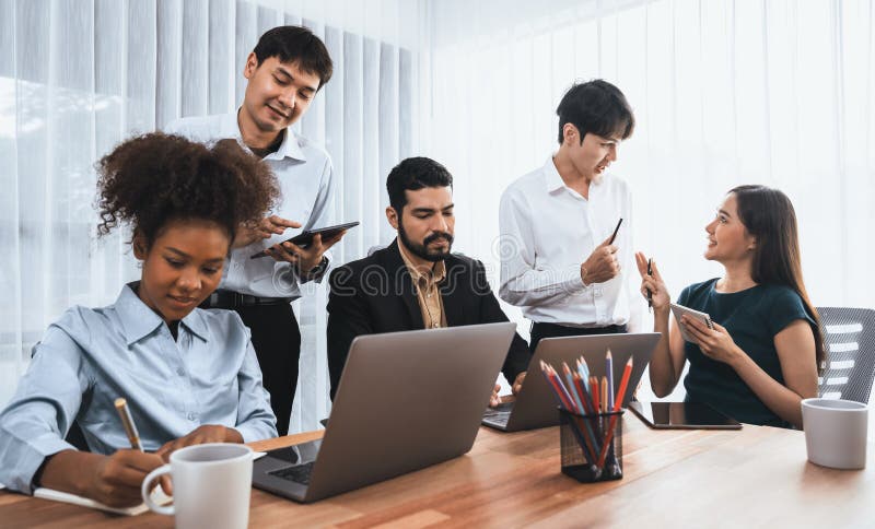 Modern multicultural office worker in corporate workplace. Concord royalty free stock photography