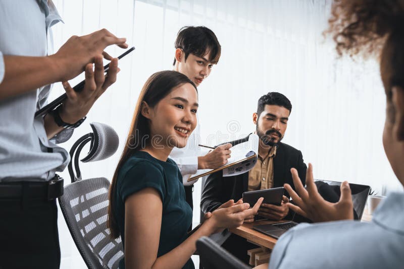 Modern multicultural office worker in corporate workplace. Concord stock images