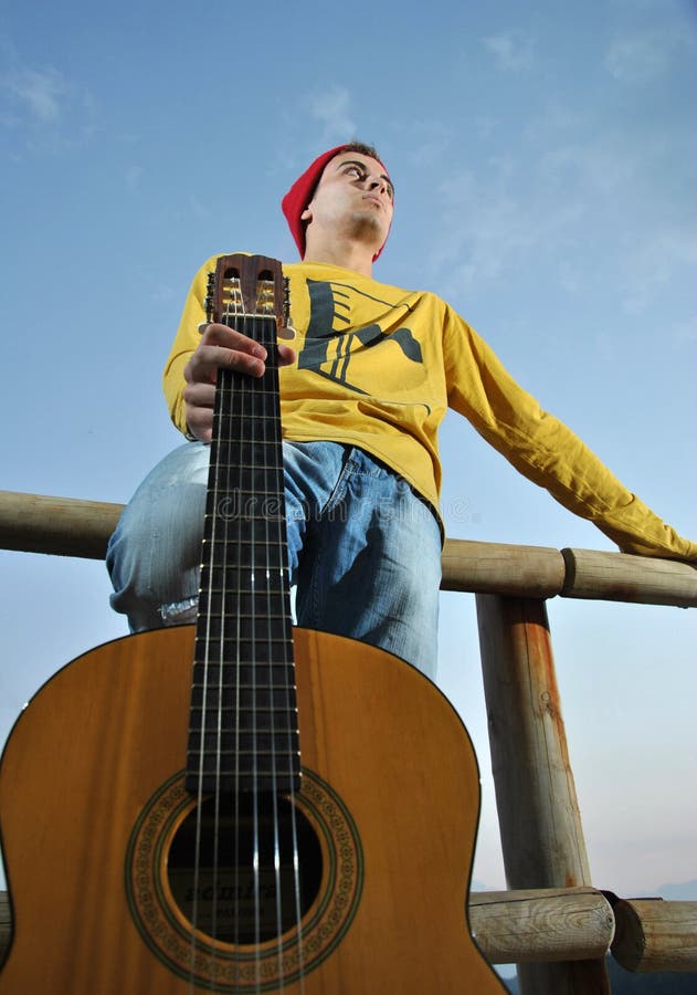 Modern Musician Posing with His Guitar Stock Photo Image of studio