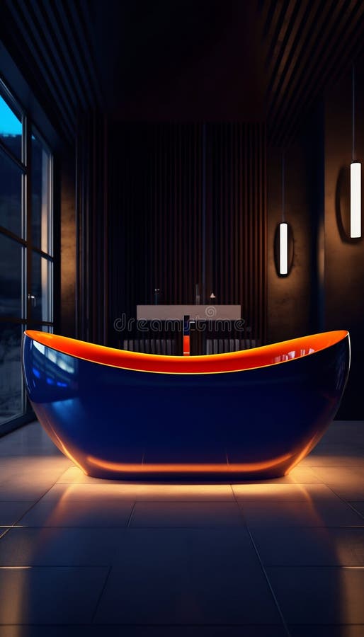 Modern Navy Blue and Orange Bathtub. Generative Ai Stock Illustration