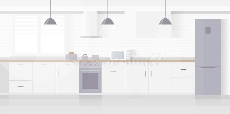Modern nieuw licht binnenland van keuken met wit meubilair stock illustratie Modern nieuw licht binnenland van keuken met wit meubilair stock illustratie