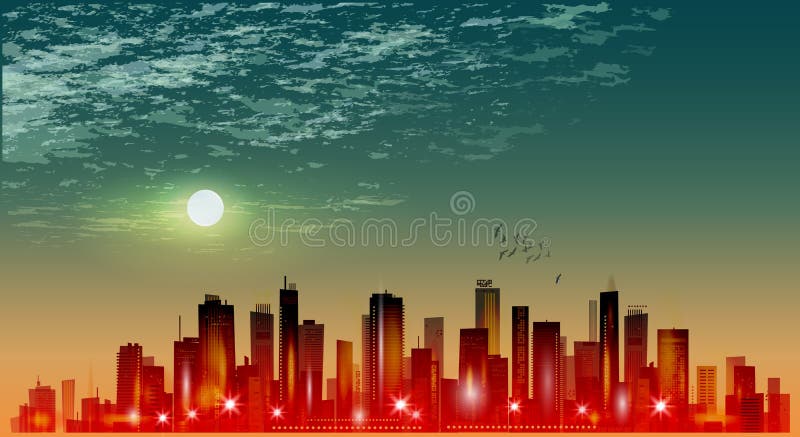 Modern Night City Panorama In Moonlight Or Sunset, With ...
