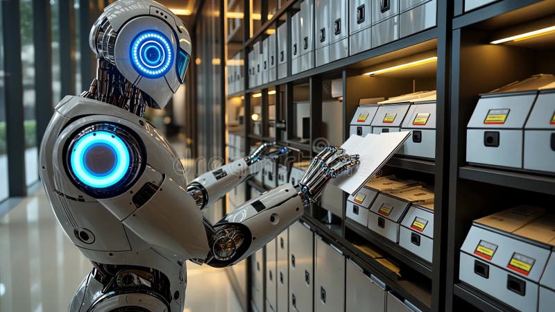 A Futuristic Robot Expertly Organizing Files in a Modern Workspace Setup royalty free illustration