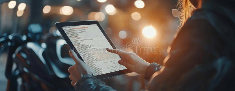 A modern office ambiance features a tech-savvy businessperson utilizing a tablet with interactive financial graphs and holographic binary code. AI generated