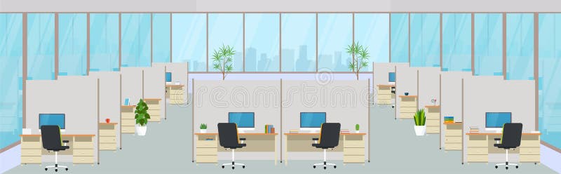 Modern office center with workplaces. Empty workspace for co-working, design business room with large windows.